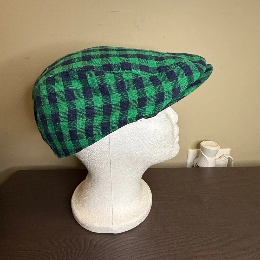 Kick10 Chicago Blackhawks Flat Cap Hat Green Gingham Plaid Newsboy M/L 7 3/8